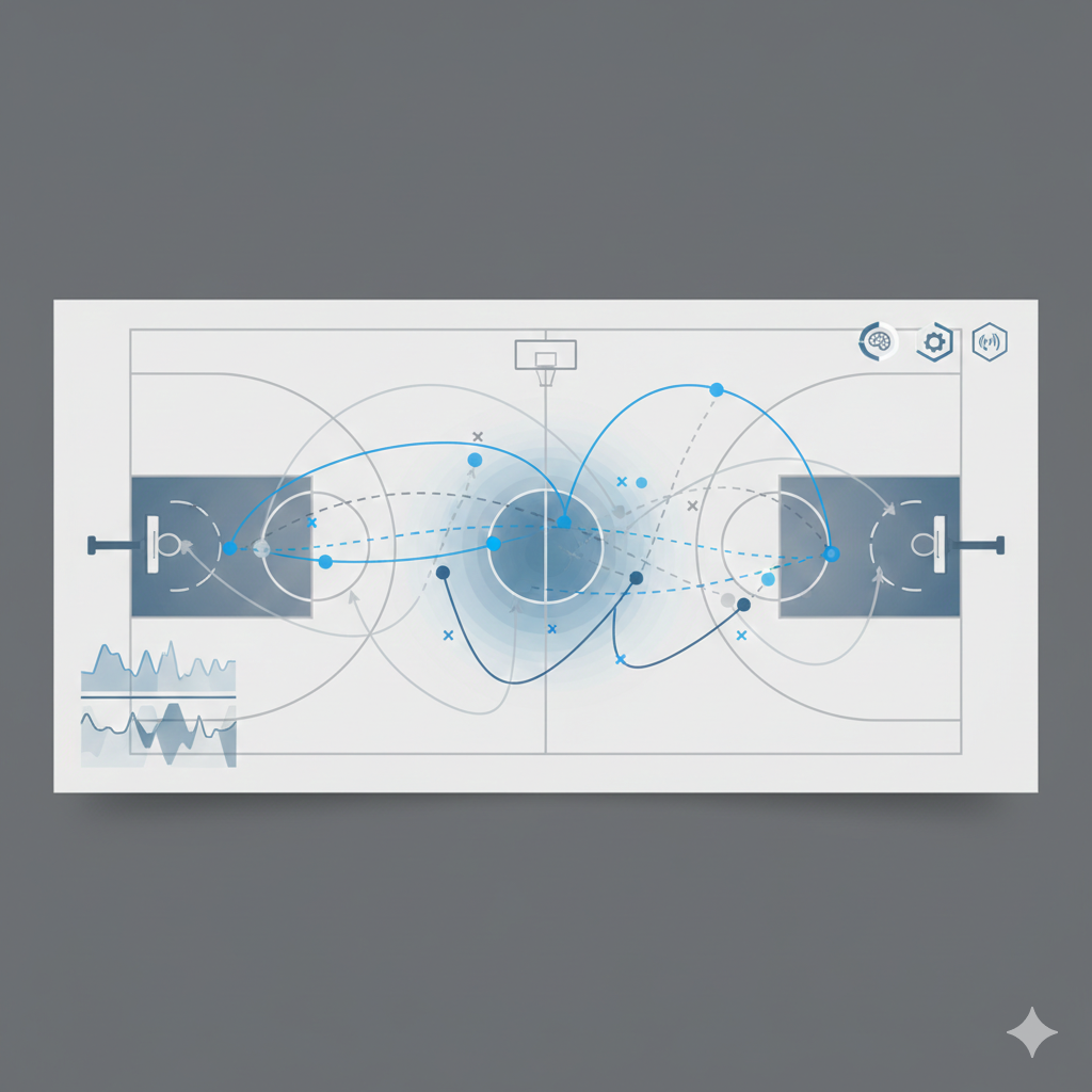Concept visualization of basketball analytics: charts, shot map, and icons representing AI insights