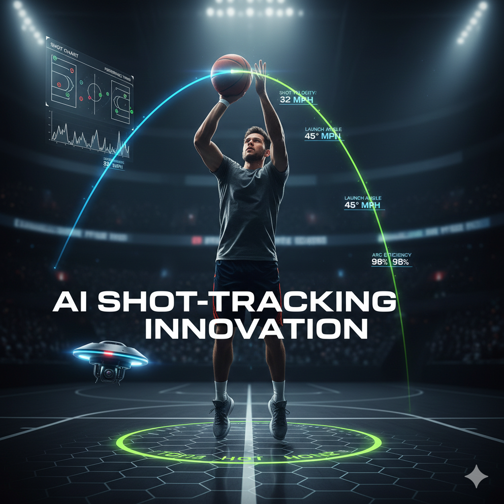 Illustration of a basketball court with AI overlays showing shot arcs and player movement