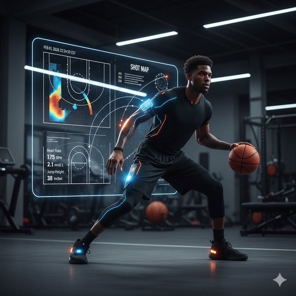 Basketball player wearing AI-powered wearable sensor devices